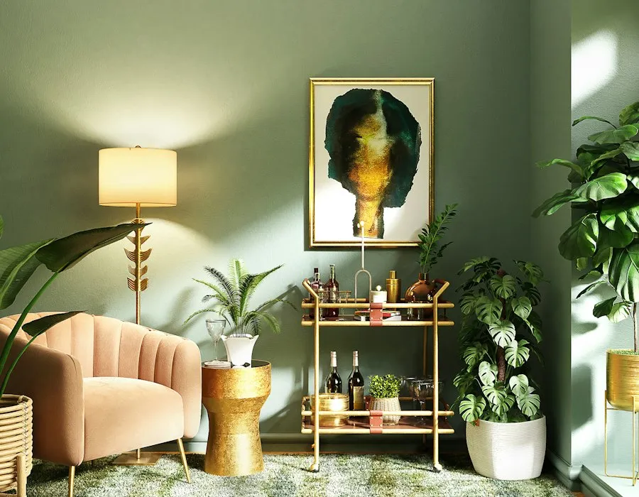 Sillón rosado junto a una mesa en una sala tranquila